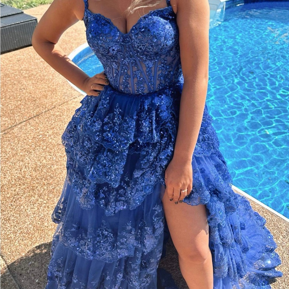 Royal Blue Lace Tiered Evening Dress - Women